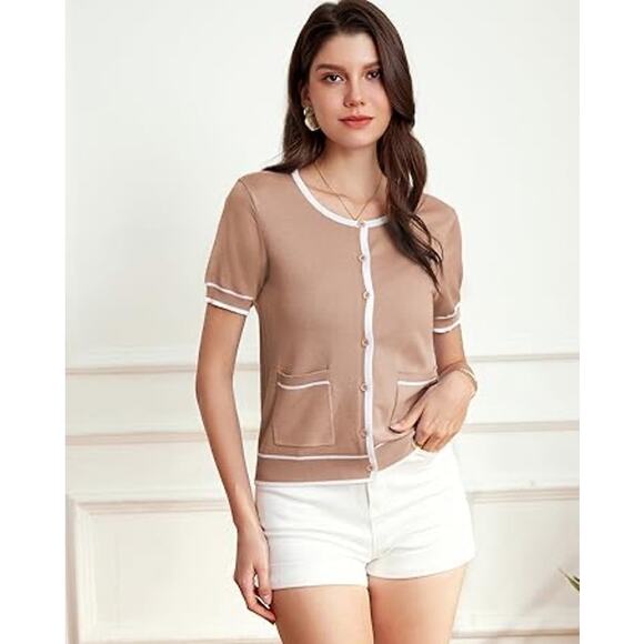 Grace Karin Women's Short Sleeve Button Front Cardigan NEW Tan White S - Picture 1 of 5